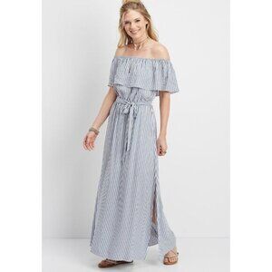 Maurices Size M Striped Off The Shoulder Maxi Tie Waist Summer Dress Blue White